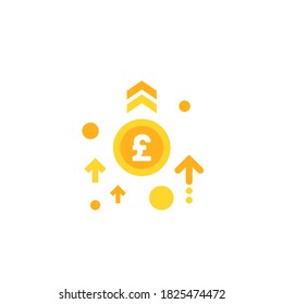 icono del vector de crecimiento de libra esterlina. moneda de oro con tres flechas hacia arriba. Icono plano. Aislado en blanco. Economía, finanzas, dinero, símbolo de inversión. Pictograma de moneda. Ilustración vectorial.