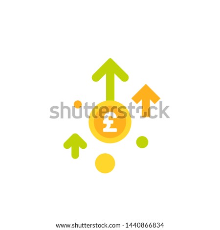 pound sterling growth vector icon. gold  coin with three up arrows. Flat icon. Isolated on white. Economy, finance, money, investment symbol. Currency pictogram. Vector illustration.