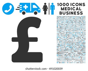 Pound Sterling icon with 1000 medical commerce gray and blue vector pictographs. Collection style is flat bicolor symbols, white background.