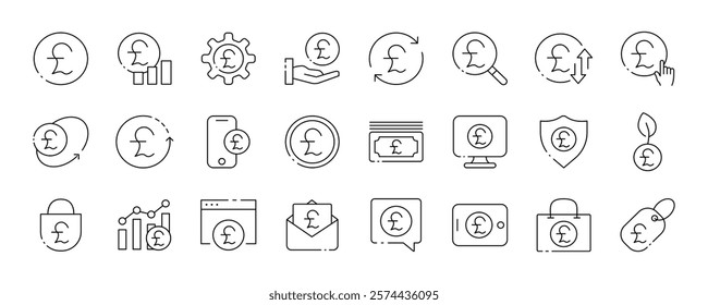 Pound sterling icon set: financial symbols and currency exchange illustrations. Vector icon