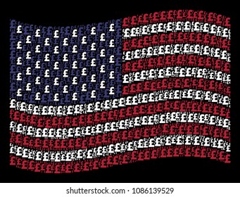 Pound Sterling icons are combined into waving United States flag abstraction on a dark background. Vector concept of America state flag is constructed of Pound Sterling elements.