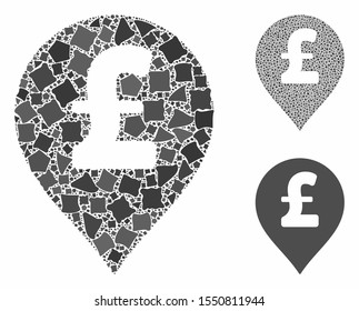 Pound Sterling marker composition of tremulant elements in variable sizes and color tints, based on Pound Sterling marker icon. Vector unequal elements are organized into collage.
