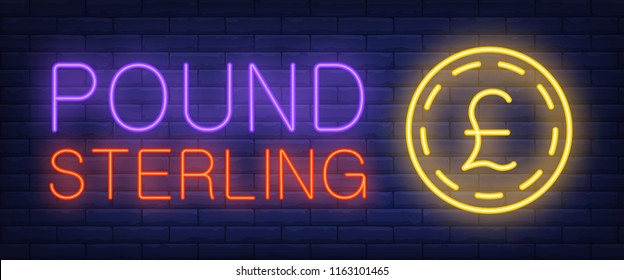 Pound sterling neon text with gold coin. Finance, banking, money design. Night bright neon sign, colorful billboard, light banner. Vector illustration in neon style.
