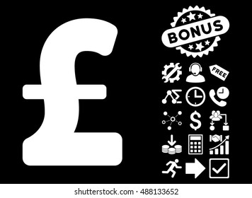 Pound Sterling pictograph with bonus clip art. Vector illustration style is flat iconic symbols, white color, black background.