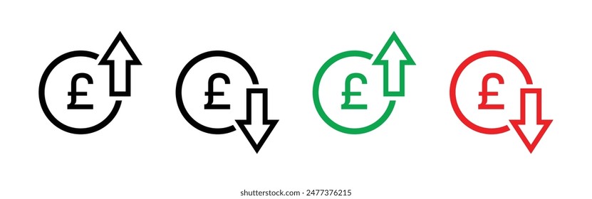 Precio de libras esterlinas aumentando y disminuyendo en color negro, verde y rojo. Libra británica Moneda de ley con flecha arriba y abajo con contorno aislado sobre fondo blanco.