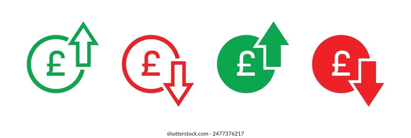 Pound Sterling price increasing and decreasing icon set in green and red color. British Pound Sterling coin with up and down arrow with outline and fill isolated on white background.