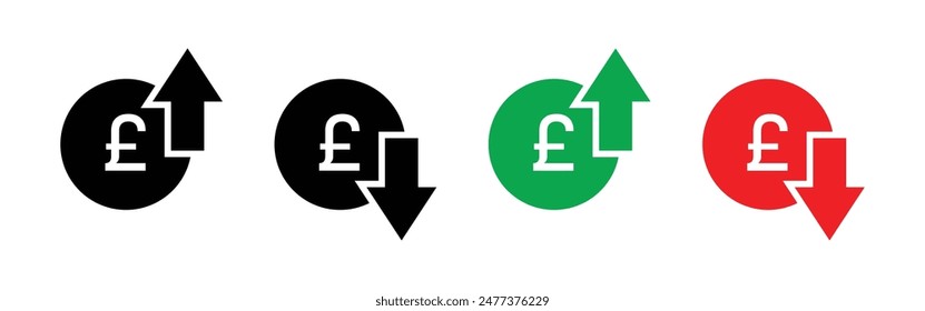 Pound Sterling price increasing and decreasing icon set in black, white, green and red color. Gaining and losing money. British Pound Sterling coin with up and down arrow isolated on white background.