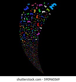 Pound Sterling random fireworks stream. Vector illustration style is flat bright multicolored iconic symbols on a black background. Object fountain constructed from scattered symbols.