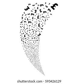 Pound Sterling random fireworks stream. Vector illustration style is flat black iconic symbols on a white background. Object fountain made from scattered design elements.