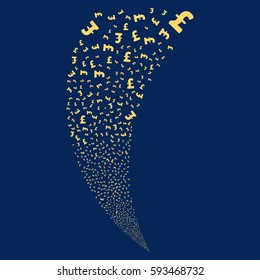 Pound Sterling random fireworks stream. Vector illustration style is flat yellow iconic symbols on a blue background. Object fountain made from scattered pictographs.