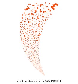 Pound Sterling random fireworks stream. Vector illustration style is flat orange iconic symbols on a white background. Object fountain created from scattered design elements.