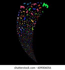 Pound Sterling random fireworks stream. Vector illustration style is flat bright multicolored iconic symbols on a black background. Object fountain combined from scattered design elements.