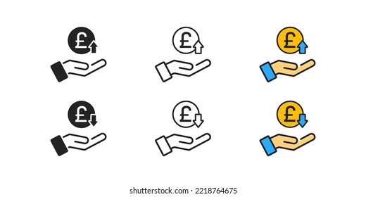 Pound Sterling Rate Increase Icon. Cost And Price Rising Concept. Inwestment And Salary Growth. Coin, Arrow Up, Arrow Down Signs. Crisis, Inflation, Finance, Business Symbol. Vector Illustration.  