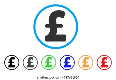 Pound Sterling rounded icon. Style is a flat pound sterling grey symbol inside light blue circle with black, gray, green, blue, red, orange color versions.