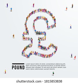 Pound sterling sign. Large group of people form to create British pound sterling sign. Vector illustration. Currency of United Kingdom.