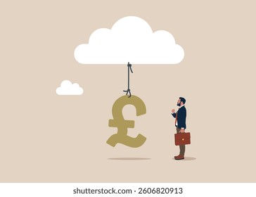 Pound sterling sign symbol hanging from white cloud. The business improve and growth concept. Business strategy, investment, wealth, management, marketing. British money. Currency. Vector illustration