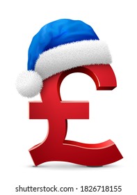 Pound sterling symbol in blue Santa Claus hat. Christmas hat is put on money sign