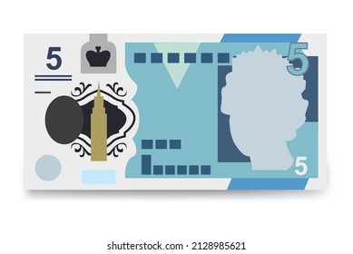 Pound Sterling Vector Illustration. United Kingdom, Guernsey, Isle of Man, Jersey money set bundle banknotes. Paper money 5 GBP. Flat style. Isolated on white background.