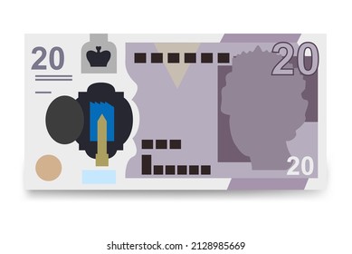 Pound Sterling Vector Illustration. United Kingdom, Guernsey, Isle of Man, Jersey money set bundle banknotes. Paper money 20 GBP. Flat style. Isolated on white background.