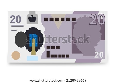 Pound Sterling Vector Illustration. United Kingdom, Guernsey, Isle of Man, Jersey money set bundle banknotes. Paper money 20 GBP. Flat style. Isolated on white background.