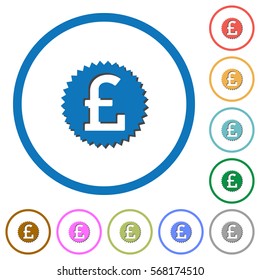 Pound sticker flat color vector icons with shadows in round outlines on white background