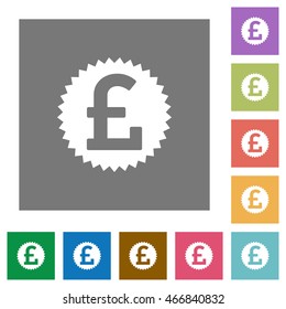 Pound sticker flat icon set on color square background.