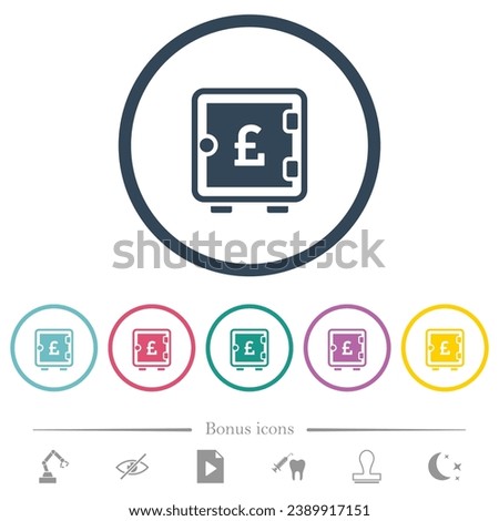 Pound strong box flat color icons in round outlines. 6 bonus icons included.