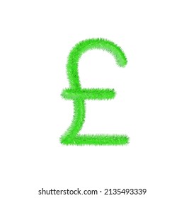 Pound symbol currency grassy and furry icon. UK economy and trade hairy currency. Easy editable money symbol. Soft and realistic feathers. Fluffy green isolated on white background.