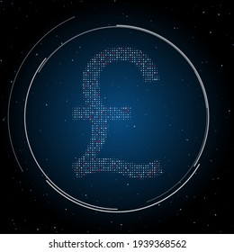 Das Pfund-Symbol gefüllt mit weißen Punkten. Pointillismus-Stil. Einige Punkte sind rot. Vektorgrafik auf blauem Hintergrund mit Sternen