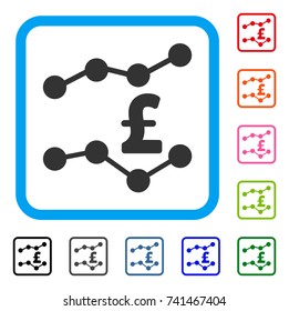 Pound Trends icon. Flat grey iconic symbol in a light blue rounded rectangle. Black, gray, green, blue, red, orange color versions of Pound Trends vector. Designed for web and app UI.