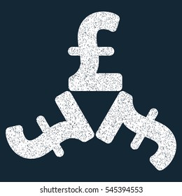 Pound Trinity grainy textured icon for overlay watermark stamps. Flat symbol with scratched texture. Dotted vector white ink rubber seal stamp with grunge design on a dark blue background.