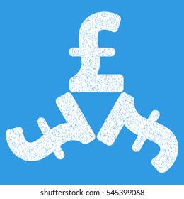 Pound Trinity grainy textured icon for overlay watermark stamps. Flat symbol with dirty texture. Dotted vector white ink rubber seal stamp with grunge design on a blue background.