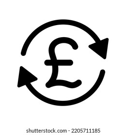 pound unit of sterling sign with circle of arrows, black filled vector icon, currency exchange