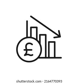 Pound value crashed. Currency crisis. Financial decrease, inflation icon line style isolated on white background. Vector illustration