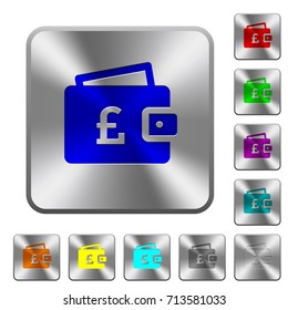 Pound wallet engraved icons on rounded square glossy steel buttons