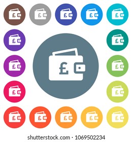 Pound wallet flat white icons on round color backgrounds. 17 background color variations are included.