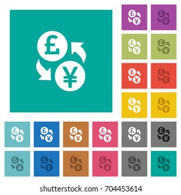 Pound Yen money exchange multi colored flat icons on plain square backgrounds. Included white and darker icon variations for hover or active effects.