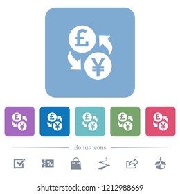 Pound Yen money exchange white flat icons on color rounded square backgrounds. 6 bonus icons included