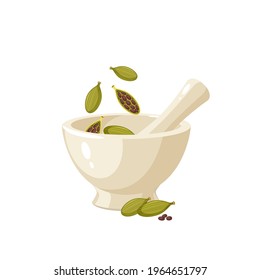 Pounding cardamom in porcelain mortar. Vector illustration cartoon flat icon isolated on white background.
