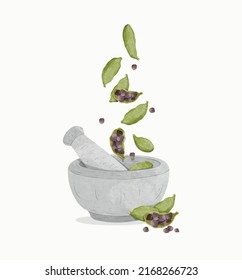 Pounding cardamom in porcelain mortar. watercolour style vector illustration.