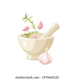 Pounding garlic and rosemary in porcelain mortar. Vector illustration cartoon flat icon isolated on white background.