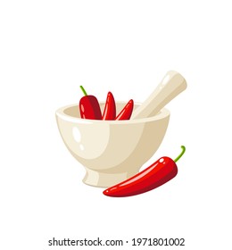 Pounding red chili peppers in porcelain mortar. Vector illustration cartoon flat icon isolated on white background.