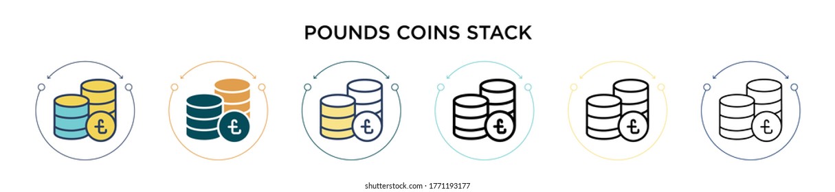 Las monedas de libras apilan un icono en el estilo relleno, delgado, contorno y trazo. Ilustración vectorial de dos monedas de libras coloreadas y negras se pueden utilizar diseños vectores para móviles, ui, web