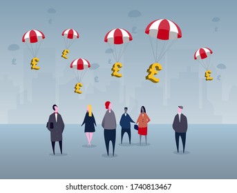 Pounds Floating Into The UK. The British Government Plans Financial Relief  For Impending For Citizens During A Recession From The COVID-19 Crisis. Citizens Are Looking Up With City Backdrop.