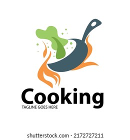 Pour assorted greens into the pan. Vector illustration.