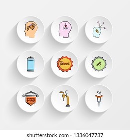 pour beer, beer in mind, Think about barley and metal can icons on plate illustration set