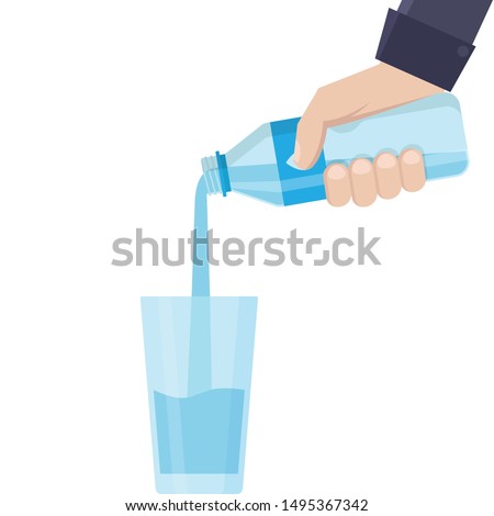 Pour bottled water drink into a glass with white background flat design vector illustration