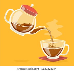 Pour coffee drink from glass teapot stream flow water retro vintage icon cartoon design vector illustration