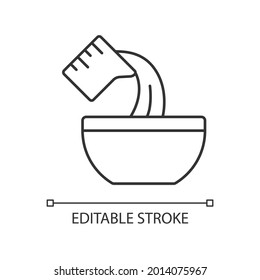 Pour cooking ingredient linear icon. Adding liquid to bowl. Baking process step. Add mixture. Thin line customizable illustration. Contour symbol. Vector isolated outline drawing. Editable stroke