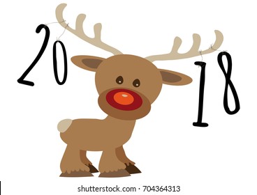 Pour feliciter card, year numbers 2018 tied by a strings on reindeers 
